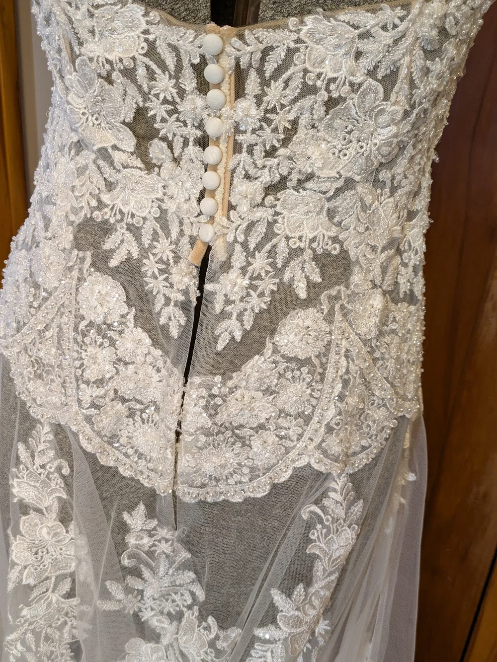 Ivory Beaded Bodice Bridal Overlay with Train and Floral Appliqué - Picture 8 of 12